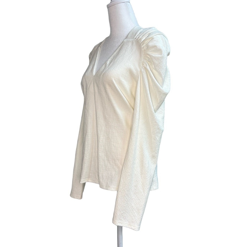 Rebecca Taylor Cream Puff Sleeve V-Neck Textured Knit Top Large‎ Ivory Blouse - Picture 4 of 7